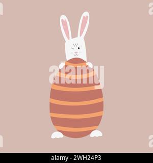 Funny bunny holding a big Easter egg. Cute rabbit with a winking face. Isolated vector illustration Stock Vector
