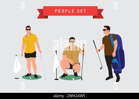 Set of golfers with golf equipment. Vector illustration in flat style Stock Vector