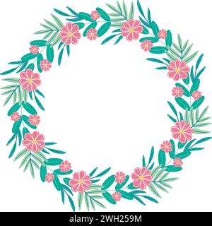Round frame with spring flowers and herbs, copy space. Floral summer wreath. Flowers, foliage and herbs bezel. Blank template for invitation, card Stock Vector