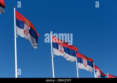 Serbian flags flutter in the wind against the blue sky on a sunny day in the center of Belgrade. Red blue white tricolor with the symbol of the coat o Stock Photo