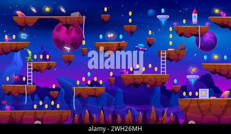 Space game level map with platforms, alien landscape, flying spaceship ...