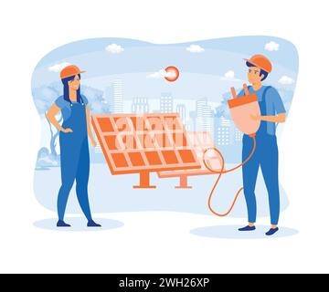 Alternative energy source with solar panels, solar panel power and Engineer character. Green and environmentally friendly energy. flat vector modern i Stock Vector