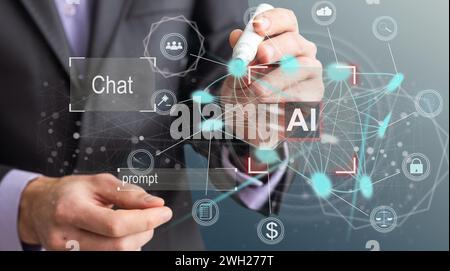 AI - Artificial Intelligence. Big Data and Deep Machine learning Concept. Digital Brain and Neural Networks Hologram. Business Internet Technology Stock Photo