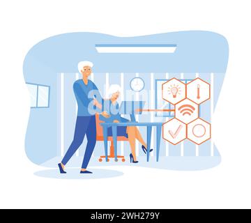 Elderly couple holding remote home control system on a digital tablet. Grey haired pensioner in eyeglasses helping his wife with new smart phone app. Stock Vector