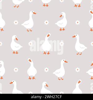Seamless pattern with cute white gooses. Domestic and wild ducks on farm. Hand drawn print. Perfect for fabric, package paper, wallpaper, postcards Stock Vector