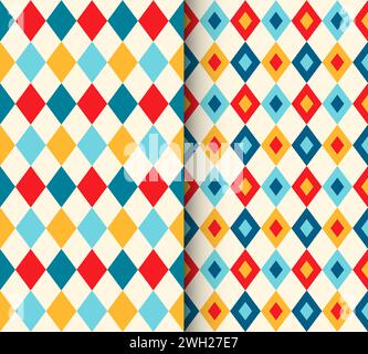 Circus harlequin patterns, rhombus lozenge pattern with diamond-shaped motifs in contrasting colors. Vector visually striking and repetitive tile design associated with traditional theatrical costumes Stock Vector