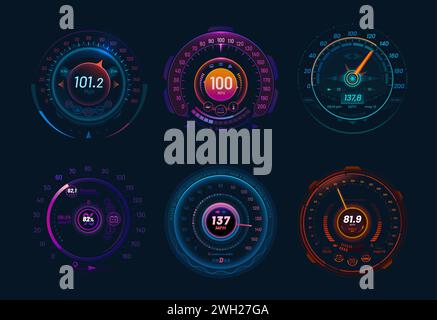 Car speedometers, neon dial and traffic speed gauge dashboard, vector futuristic interface. Car speed meters or speedometer tachometers with arrow and digital indicator of fuel, mph and engine gear Stock Vector