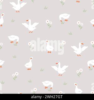 Seamless pattern with cute white gooses. Domestic and wild ducks on farm. Hand drawn print. Perfect for fabric, package paper, wallpaper, postcards Stock Vector