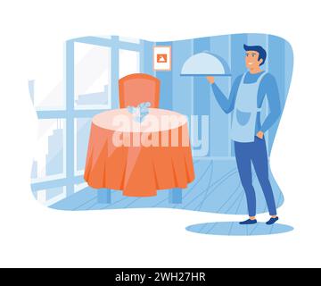 Hotel jobs concept. Male hotel waiter brings a dish to serve a banquet to hotel guests. flat vector modern illustration Stock Vector