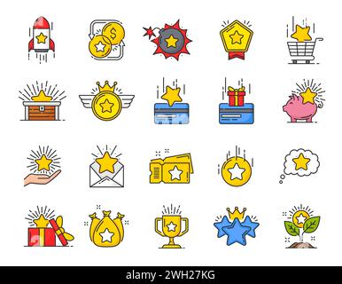 Benefit special bonus and prize reward color icons, loyalty gifts vector line symbols. Bonus rewards and incentive benefits icons of star, coin, credit card and piggy bank or gold bag and award coupon Stock Vector