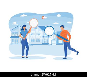 Real estate search. Buying property concept, people group looking home on market. Buy or rent house online. flat vector modern illustration Stock Vector