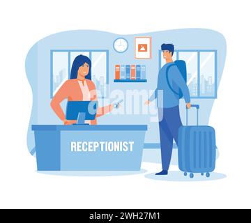 Hotel reception workers provide information to people arriving. flat vector modern illustration Stock Vector