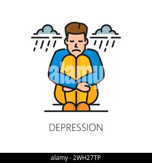 Depression psychological disorder problem, mental health vector linear icon represents feelings of sadness, hopelessness and emotional struggles during difficult times. Unhappy person and rainy clouds Stock Vector