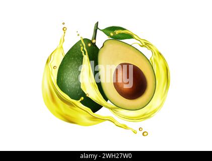 Realistic avocado in oil swirl with splash and drops splatter, isolated vector. Raw fresh realistic avocado fruit whole and half cut with seed and leaf in splashing oil wave for natural organic food Stock Vector