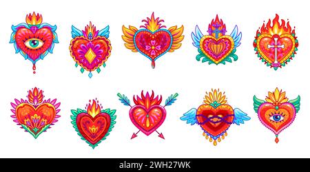 Mexican sacred hearts, vector tattoos. Vintage Mexico hearts of Jesus with fire flames, eyes, crowns and crosses, flower pattern, burning wings and arrows. Catholic religion sacred symbols set Stock Vector