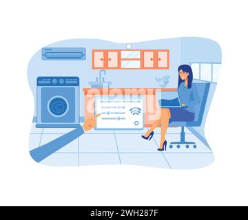 Smart home concept. Woman sitting in modern kitchen, controlling house digital system on tablet app. flat vector modern illustration Stock Vector