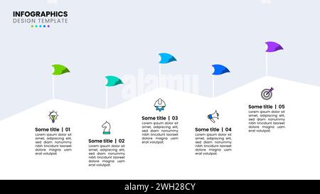 Infographic template with icons and 5 options or steps. Flags on mountain. Can be used for workflow layout, diagram, banner, webdesign. Vector illustr Stock Vector