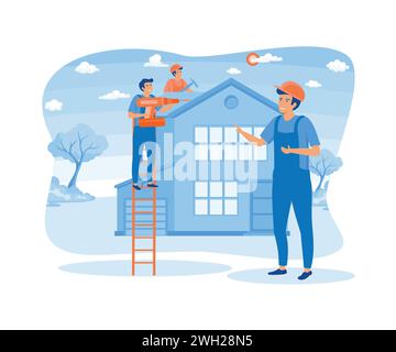 House Renovation. Workers repairing roof. Construction group, roofers, foreman. flat vector modern illustration Stock Vector
