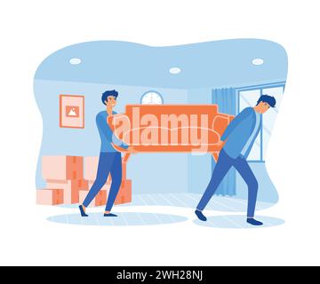 Happy young man move sofa furniture in room. flat vector modern illustration Stock Vector