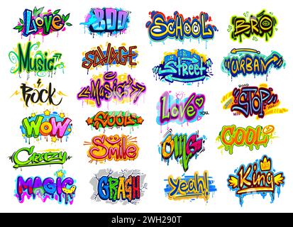 Graffiti street art, urban style wall writings and grunge text tags set. Vector graffiti cool, wow, boo, yeah and love slogans with paint drips, blots and splatters, arrows, stars and smile emoticons Stock Vector