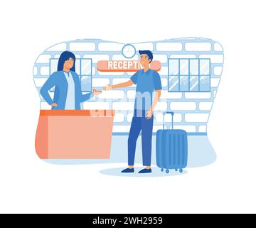 Hotel service check-in at the reception, and get the room key. flat vector modern illustration Stock Vector
