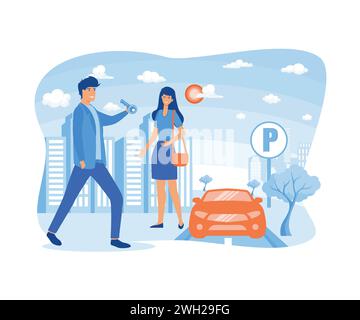 Hotel valet parking worker gets keys from client's car. flat vector modern illustration Stock Vector