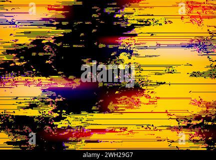Yellow tv or vhs glitch texture background with distorted lines and pixelation create a visually striking, nostalgic yet chaotic vector visual, reminiscent of analog interference with digital disarray Stock Vector
