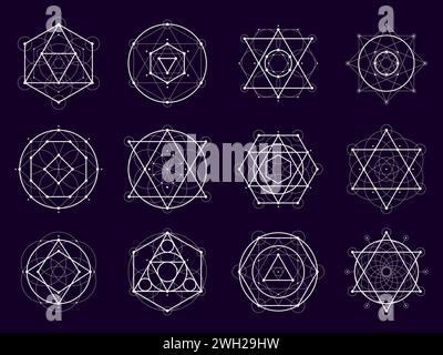 Sacred geometric shapes. Mystery, magic and esoteric symbols formed from vector thin line triangles, circles, squares and hexagons. Outline patterns set of sacred geometry, alchemy pentagram, mandala Stock Vector