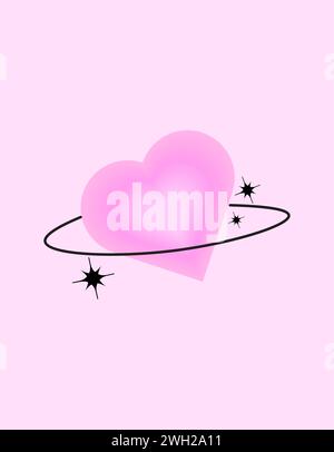 Blurry pink heart aura aesthetic element with linear form and sparkle. Trendy modern y2k style design template. Blurred gradient heart with stars.Vect Stock Vector