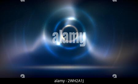 Stage with golden blue circular lighting background, spot of light on floor dark backdrop. Illuminated fluorescent stage. Abstract background Stock Vector