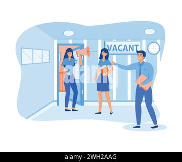 HR department invites candidates for new vacancy. People looking for work and running to open opportunities. flat vector modern illustration Stock Vector