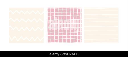 Simple Geometric Hand Drawn Irregular Patterns. Colored Doodle Checkered simple drawing with textures. Square Poster set. Stock Vector