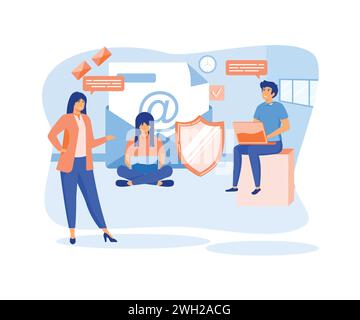 Private messages, email encryption, confidential information protection. Group of people standing near big envelope, letter, shield. flat vector moder Stock Vector