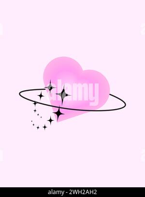 Blurry pink heart aura aesthetic element with linear form and sparkle. Trendy modern y2k style design template. Blurred gradient heart with stars.Vect Stock Vector