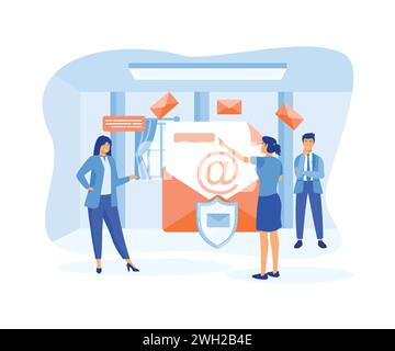 People standing near big envelope, letter, shield. Poster for social media, web page, banner, presentation. flat vector modern illustration Stock Vector