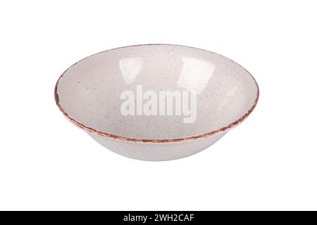 White empty deep clay plate on a white background. Stock Photo