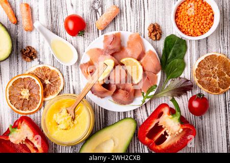 Heart-healthy diet, Mediterranean diet, paleo, keto featuring Omega-3 Rich Foods. Stock Photo