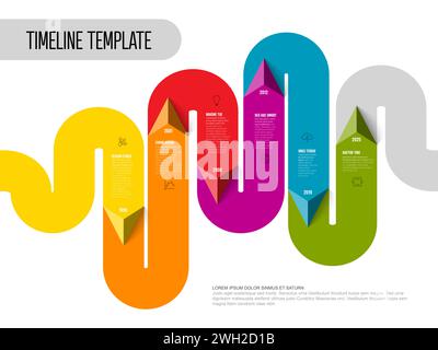 Vector Infographic timeline report template made from thick color line with pyramid triangle arrow showin the direction, icons and simple content. Tim Stock Vector