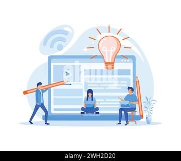 Blog writers write articles. Freelance writer with laptop creating internet content. flat vector modern illustration Stock Vector