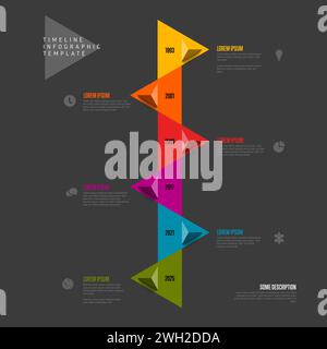 Simple dark multipurpose vertical infographic timeline template with triangle arrows and six milestones with icons and descriptions. Modern time line Stock Vector