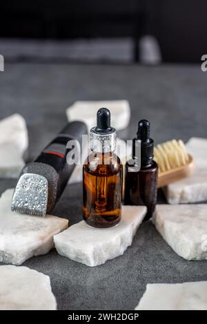 beard care kit. Clipper, comb, beard oil Stock Photo