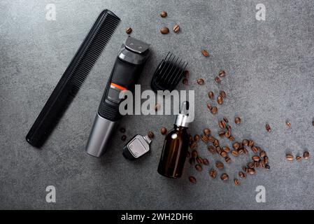 beard care kit. Clipper, comb, beard oil Stock Photo