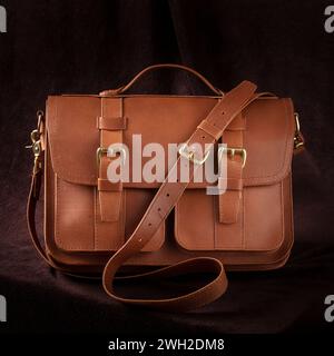 Brown briefcase bag made of genuine leather. Stock Photo