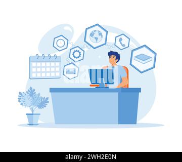 Happy business man with multitasking skills sitting at his laptop with office freelance worker. flat vector modern illustration Stock Vector