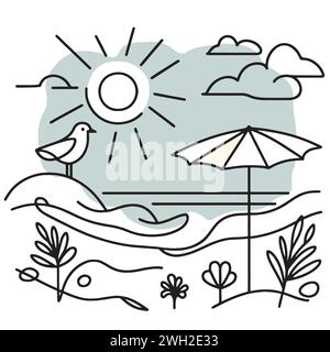 Beauty of coastal sea minimalistic black and white pattern, beach vacation. sun umbrella sea and seagulls under sunny sky - a journey of serenity and Stock Vector