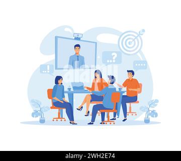 Business team at the video conference call in boardroom. Online meeting with CEO, manager or director. flat vector modern illustration Stock Vector
