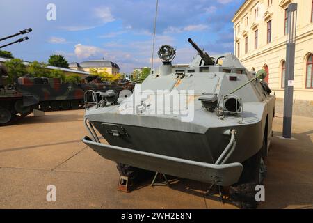 x¿DRESDEN, GERMANY - MAY 10, 2018: Outdoor display in front of Bundeswehr Military History Museum in Dresden, Germany. BRDM-2 amphibious armoured scou Stock Photo