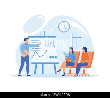 Candidate for Office Supervisor Gives Presentation in Business Seminar, Using Pie Chart. flat vector modern illustration Stock Vector
