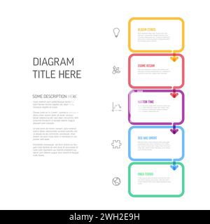 Vector process progress template diagram schema with five steps icons and descriptions. color thick line rectangles on light background with arrows in Stock Vector