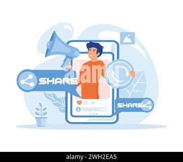 Social media posts share active coercion. Digital advertising, social media marketing. flat vector modern illustration Stock Vector
